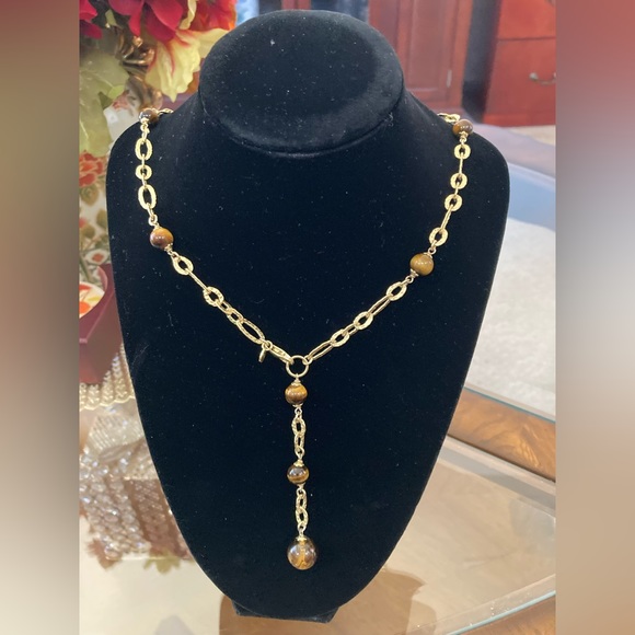 Pre-Loved Italian Textured Gold Plated Lariat Necklace With Tiger’s Eye Beads - Picture 2 of 4